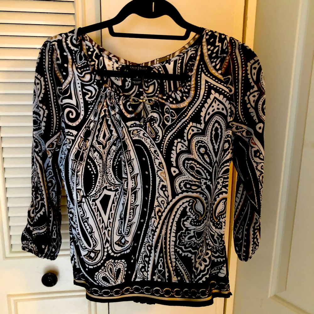White House Black Market Blouse. Black, white & beige design with metal detail